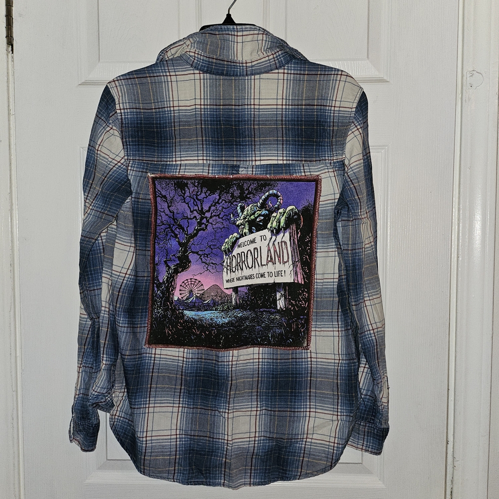Upcycled Plaid Blue and White Flannel Shirt With Goosebumps Grapgic